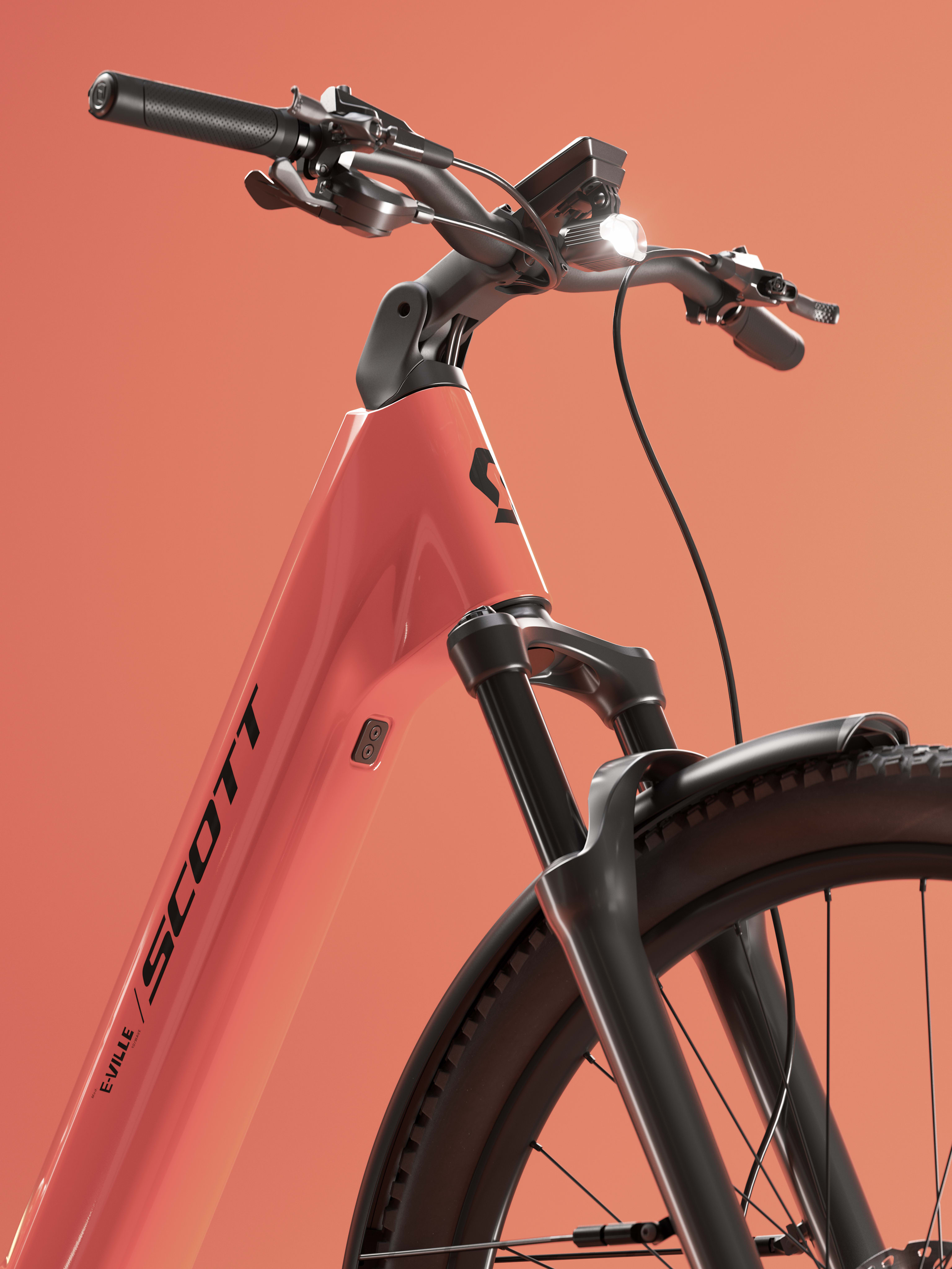 Close-up of a coral-red electric bicycle with black handlebars, cables, fork, and front tire against a warm coral background; sleek, modern tone.