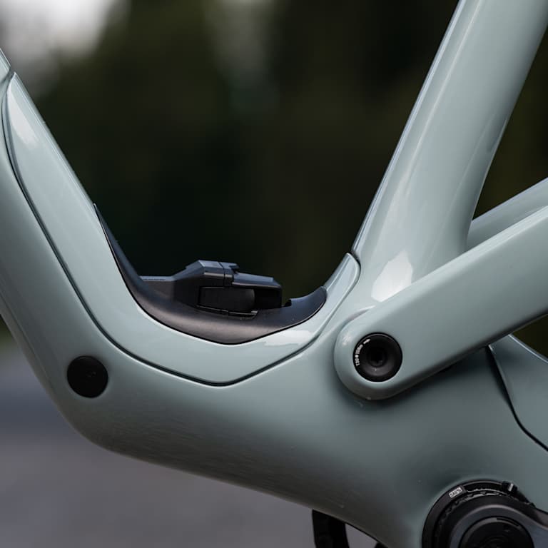 A close-up of a light blue bicycle frame with a black component in the foreground is set against a blurred background of trees and a road.