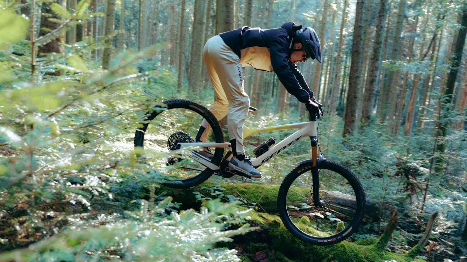 A mountain biker rides through a sun-dappled forest with lush green foliage in the foreground and tall trees in the background.