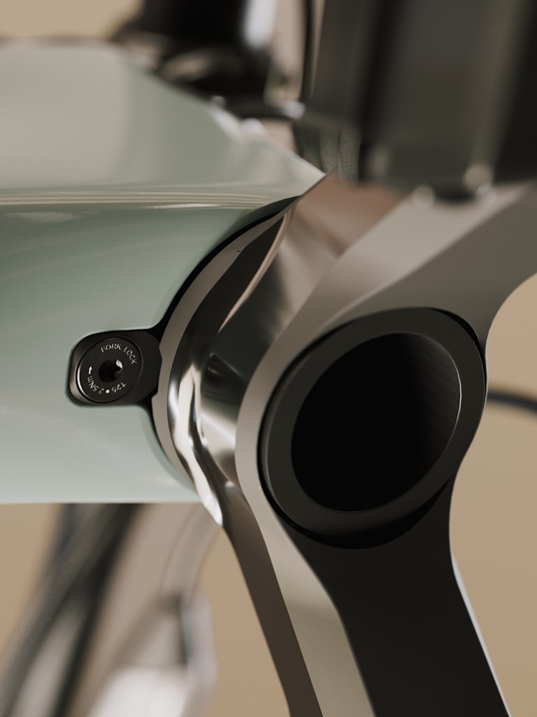 A close-up of a bicycle's light green frame and black fork is in the foreground, with a blurred, neutral background.