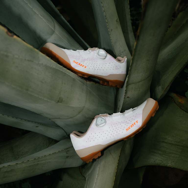 White cycling shoes with orange accents rest on the broad, green leaves of an agave plant.
