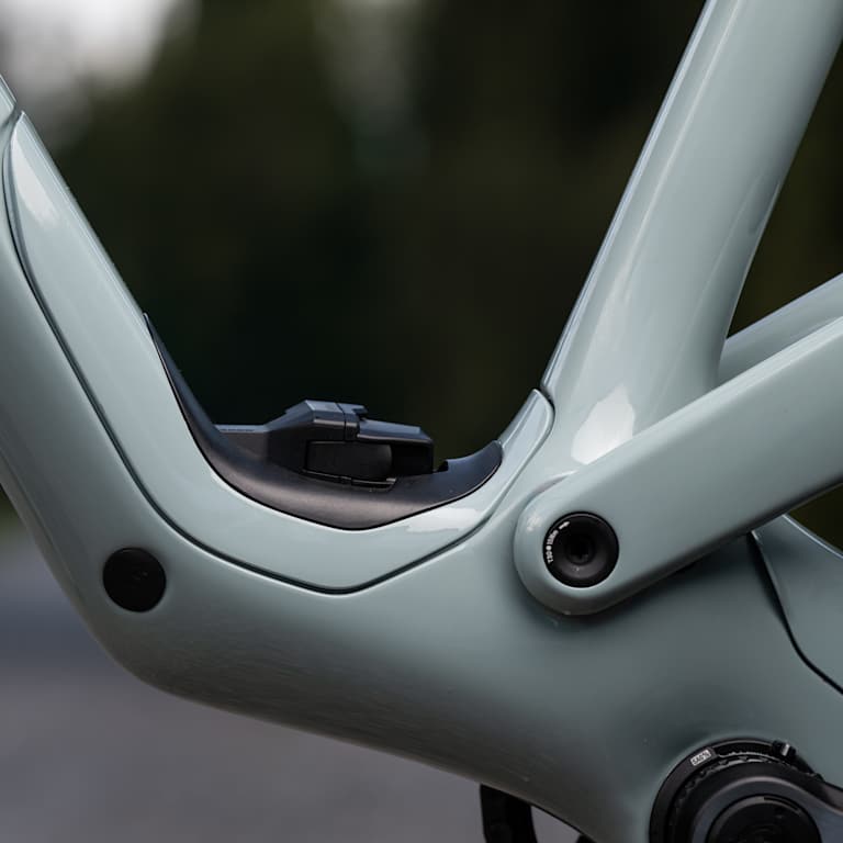 A close-up of a light blue bicycle frame with a black component in the foreground is set against a blurred background of trees and a road.