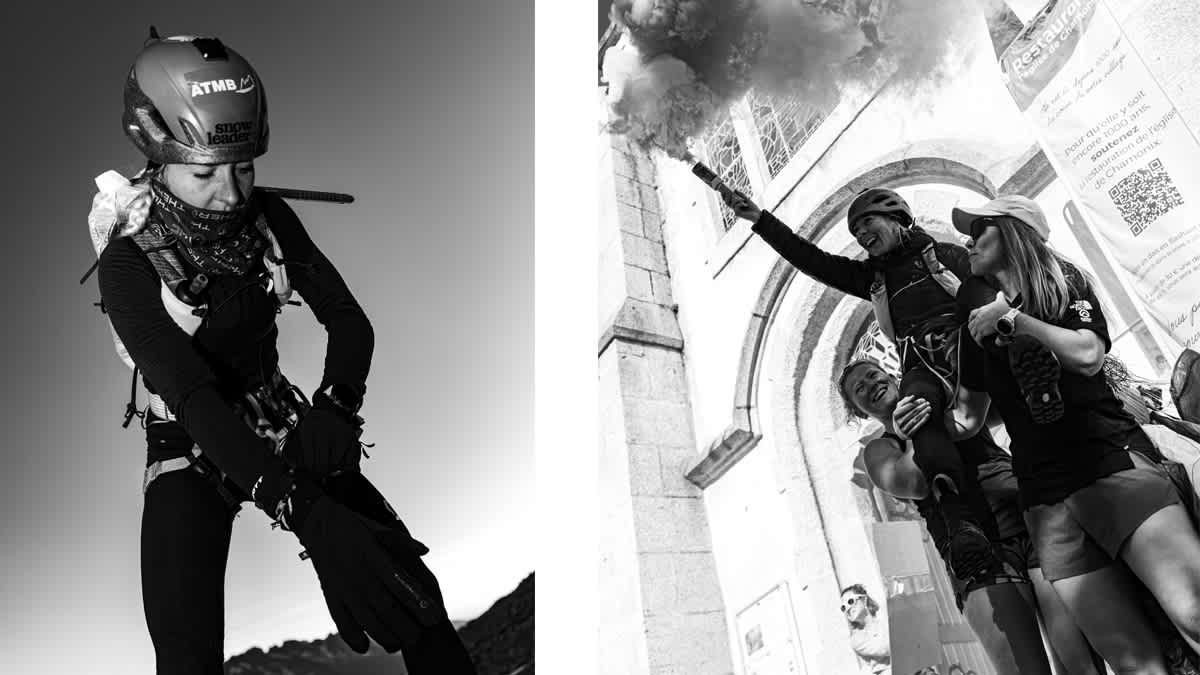 Black and white close-up of Iris Pessey adjusting her harness and gear at high altitude, focused and determined