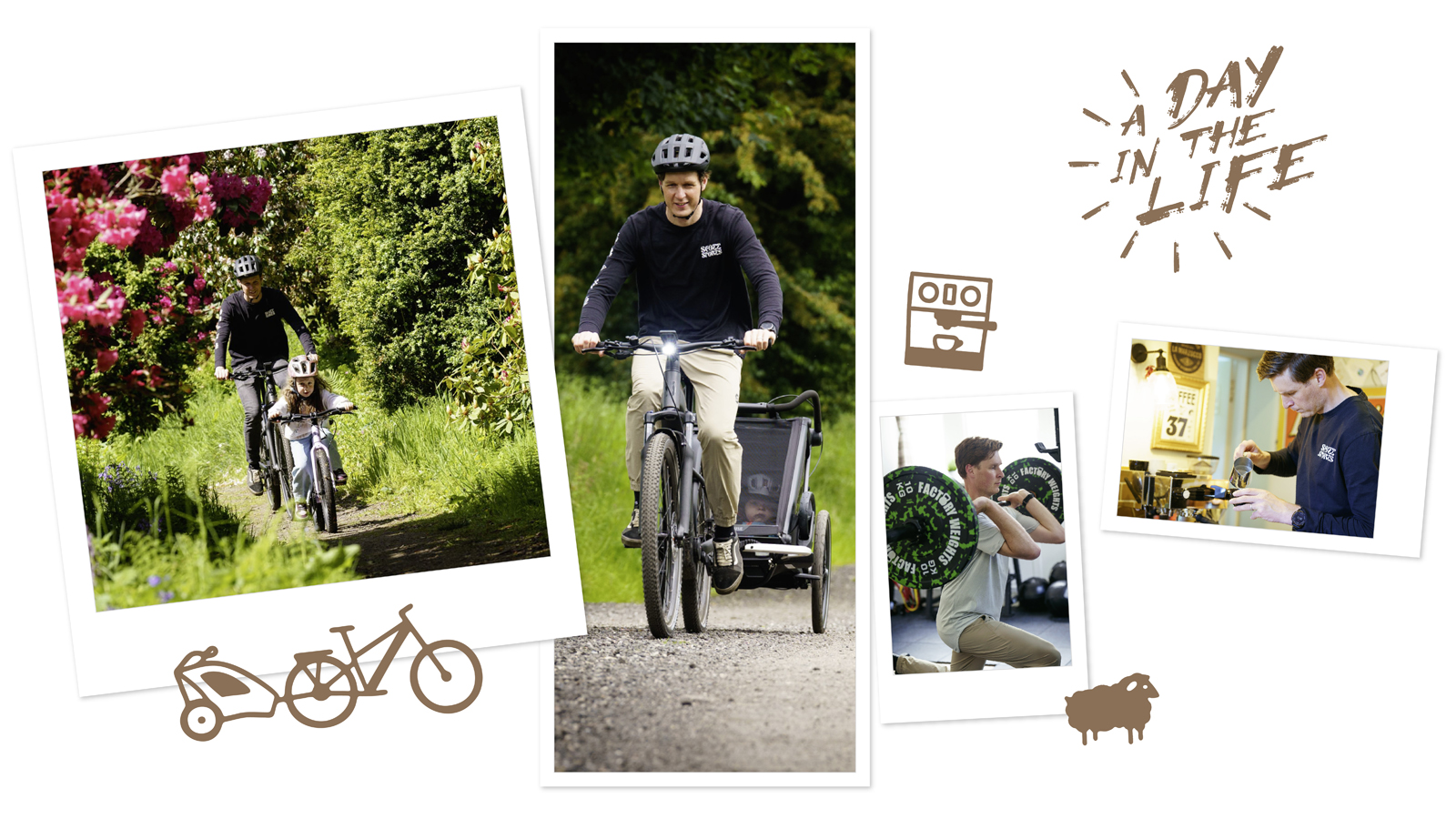 Cyclist balancing family rides, fitness and coffee in a day-in-the-life collage