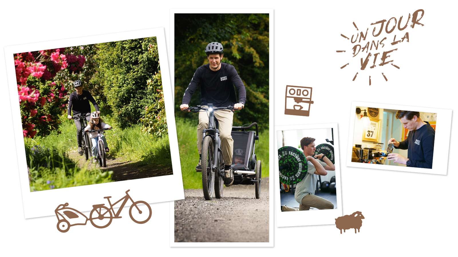 Cyclist balancing family rides, fitness and coffee in a day-in-the-life collage