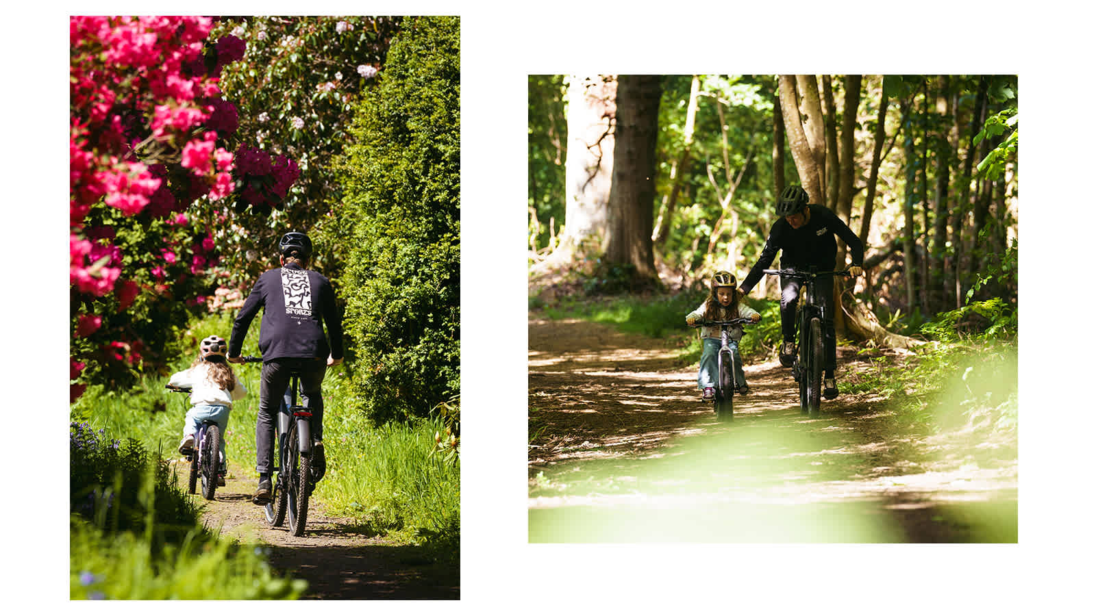Child riding ahead while an adult follows on a sunny garden trail