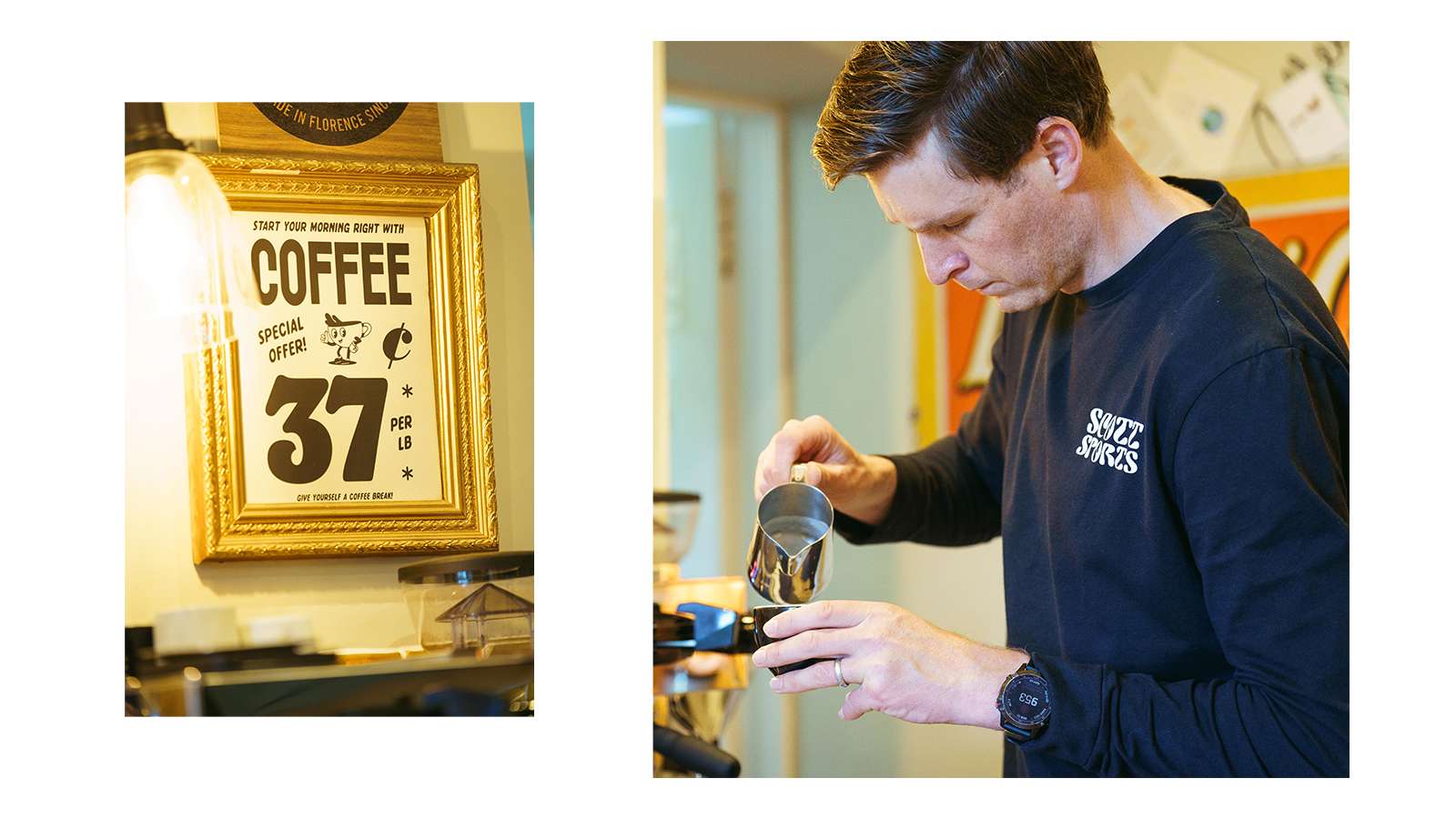 Man pours milk from a pitcher into a coffee cup, with a framed coffee advertisement visible on the left.