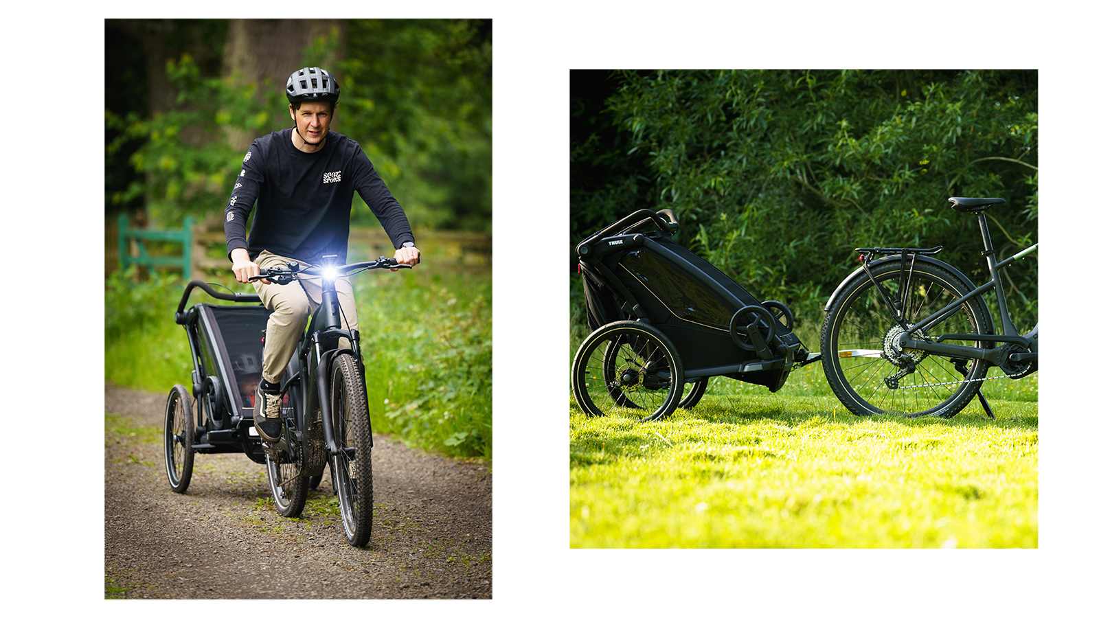 Two images: one of a man cycling solo, and another of him biking with a child in a stroller for family outings.