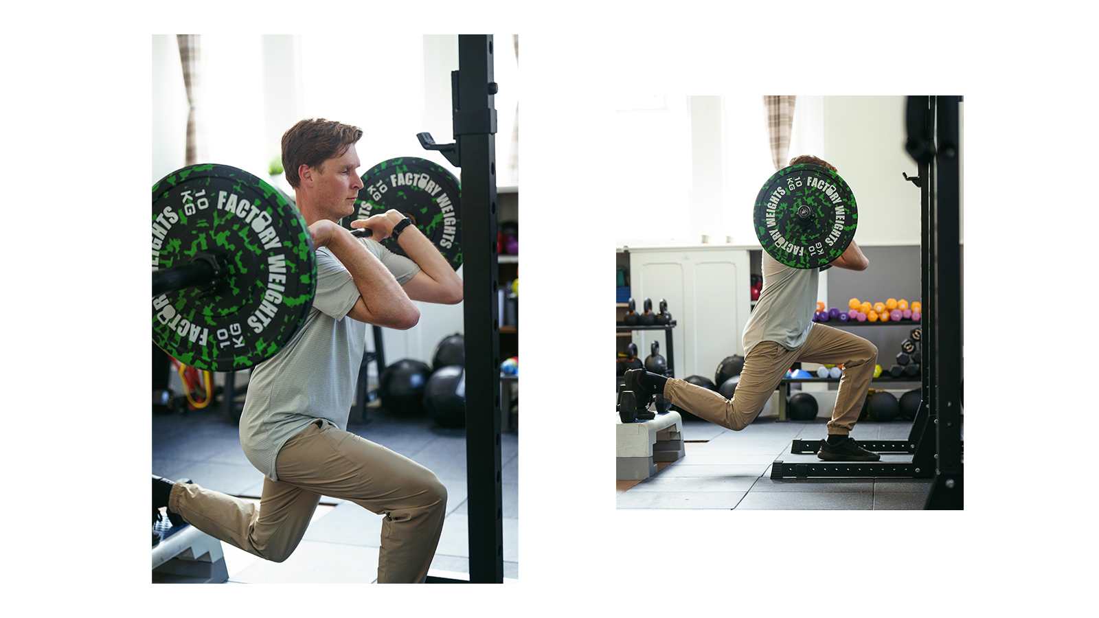Man performs split squats with a barbell on his shoulders in a gym setting.