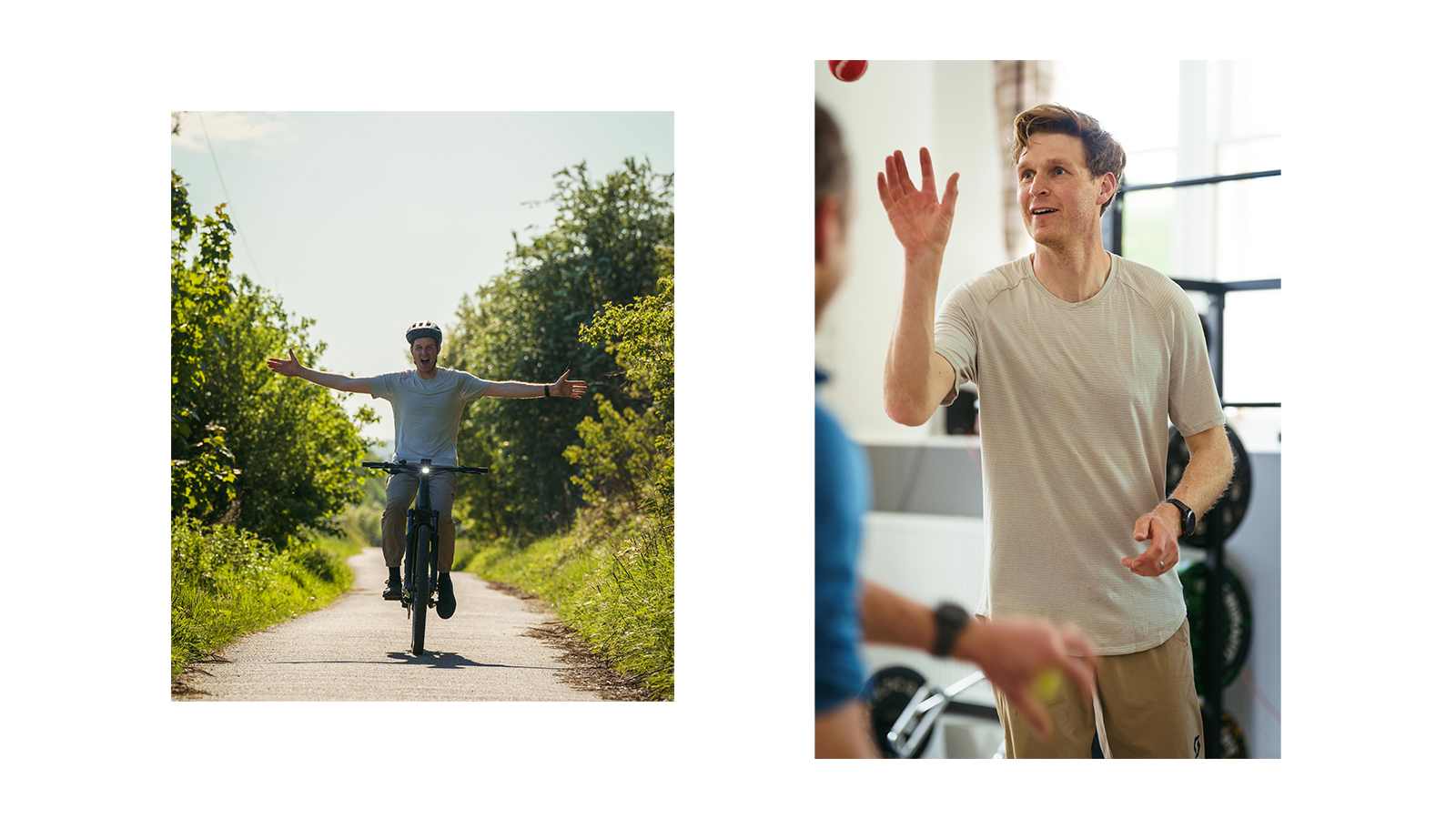 Man cycling with arms outstretched on a path and man juggling balls indoors.